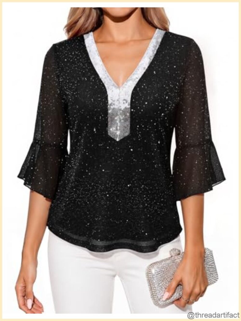 Sequin Tunic Top 3/4 Ruffle Sleeve V-Neck Formal Blouse